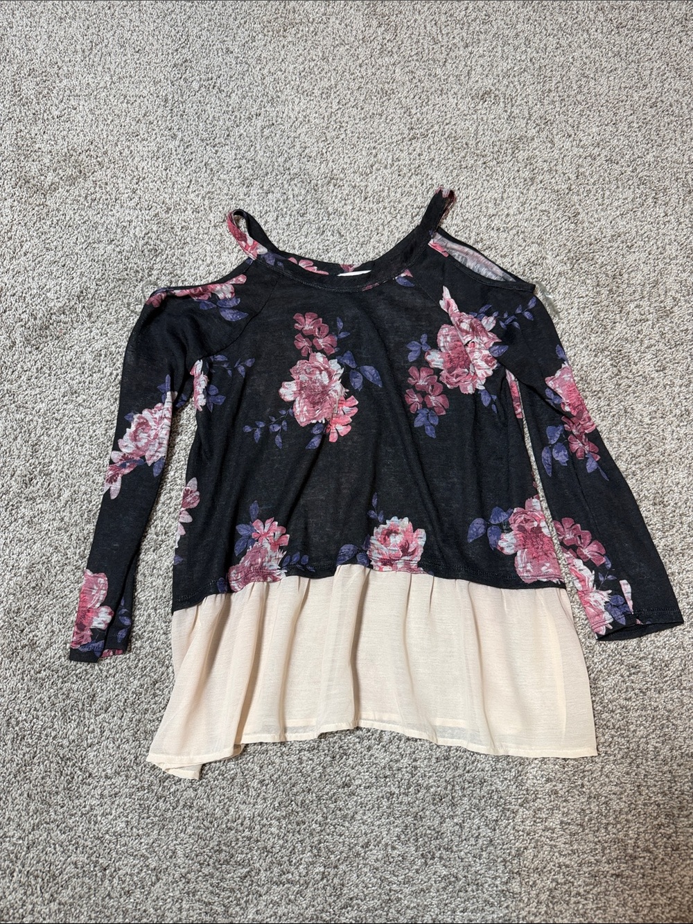 Black Floral Cold-Shoulder Top with Cream Hem